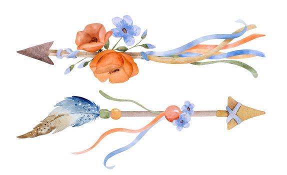 Floral arrows watercolor painting in boho style. Tribal bohemian symbol with flowers aquarelle drawing for tattoo and postcard decoration