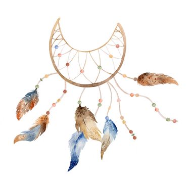 Tribal boho dreamcatcher watercolor ornament with aztec feathers and arrow. Traditional dream catcher ethnic wing painting