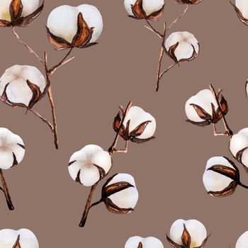 Delicate cotton bud flowers watercolor drawing seamless pattern on brown background. Botanical elegant eco illustration