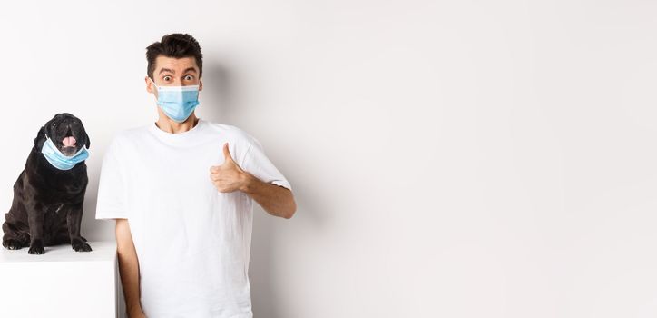 Covid-19, animals and quarantine concept. Image of funny young man and small dog in medical masks, owner showing thumb up in approval, praise something, white background.