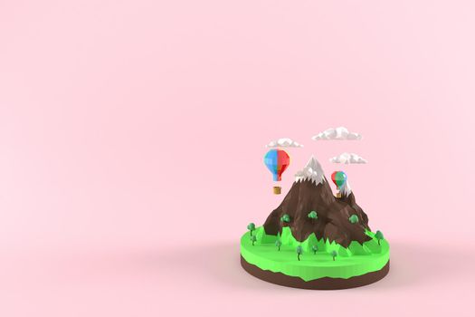 3D illustrator balloon over mountains. 3d rendering Low Polygon Geometry. Lowpoly Minimal Style Art.