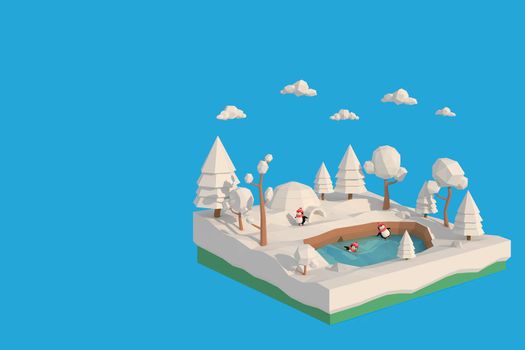 3D illustrator The Penguin Village. 3d rendering Low Polygon Geometry. Lowpoly Minimal Style Art.
