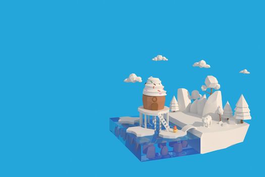 3D illustrator The house in winter. 3d rendering Low Polygon Geometry. Lowpoly Minimal Style Art.