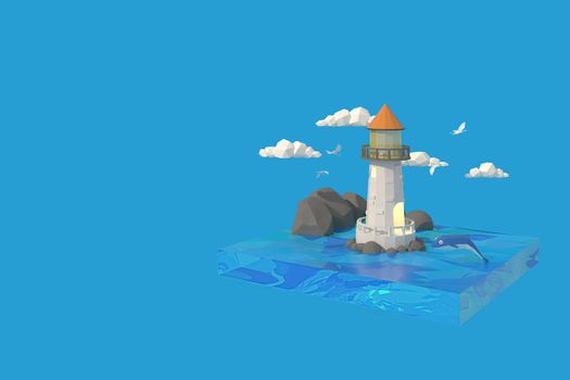 3D illustrator the lighthouse at sea. 3d rendering Low Polygon Geometry. Lowpoly Minimal Style Art.