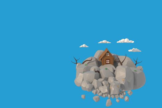 3D illustrator the house on rocky mountain. 3d rendering Low Polygon Geometry. Lowpoly Minimal Style Art.