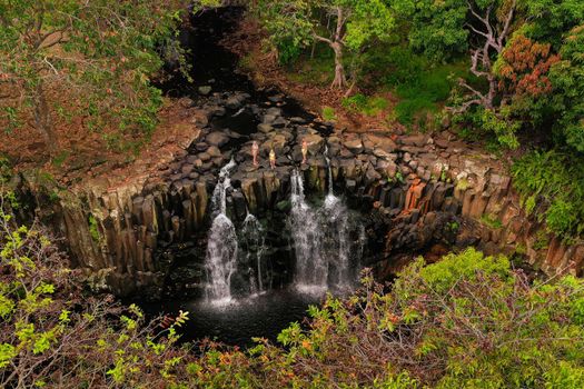 Rochester Falls On The Island Of Mauritius.Waterfall in the jungle of the tropical island of Mauritius.