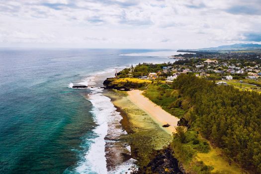 Aerial view of the cliffs of the spectacular Gris Gris Beach, in southern Mauritius. Here, is the strong waves of the Indian Ocean crashing towards the cliffs. the swimming is prohibited here