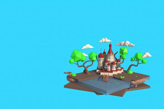 3D illustrator of oriental art house. 3d rendering Low Polygon Geometry. Lowpoly Minimal Style Art.