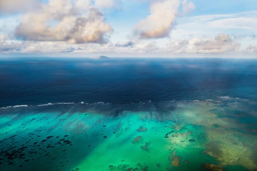 Aerial picture of the north, north east coast of Mauritius Island. Beautiful lagoon of Mauritius Island shot from above