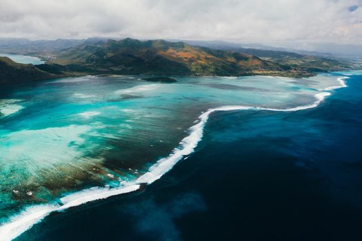 A bird's-eye view of Le Morne Brabant, a UNESCO world heritage site.Coral reef of the island of Mauritius.