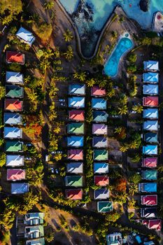 Bird's-eye view of the hotel complex. Grey part of the island of Mauritius.