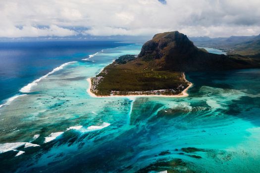 A bird's-eye view of Le Morne Brabant, a UNESCO world heritage site.Coral reef of the island of Mauritius