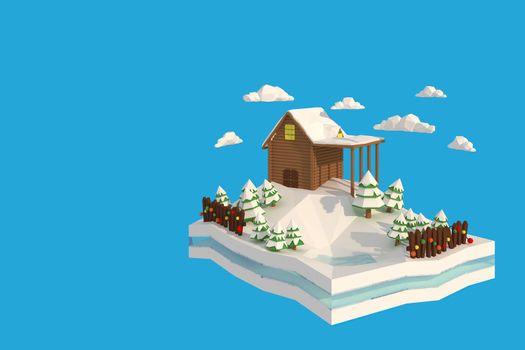 3D illustrator of house in the snow. 3d rendering Low Polygon Geometry. Lowpoly Minimal Style Art.