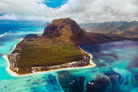 A bird's-eye view of Le Morne Brabant, a UNESCO world heritage site.Coral reef of the island of Mauritius.