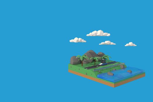 3D illustrator the car running on road. 3d rendering Low Polygon Geometry. Lowpoly Minimal Style Art.