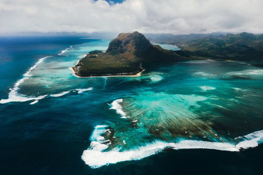 A bird's-eye view of Le Morne Brabant, a UNESCO world heritage site.Coral reef of the island of Mauritius.