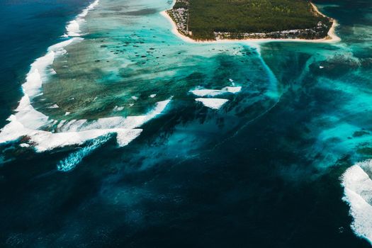 A bird's-eye view of Le Morne Brabant, a UNESCO world heritage site.Coral reef of the island of Mauritius.