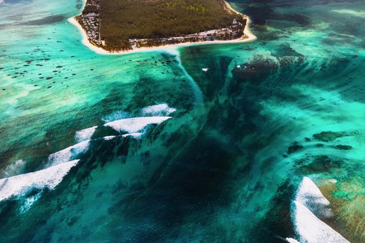 A bird's-eye view of Le Morne Brabant, a UNESCO world heritage site.Coral reef of the island of Mauritius.