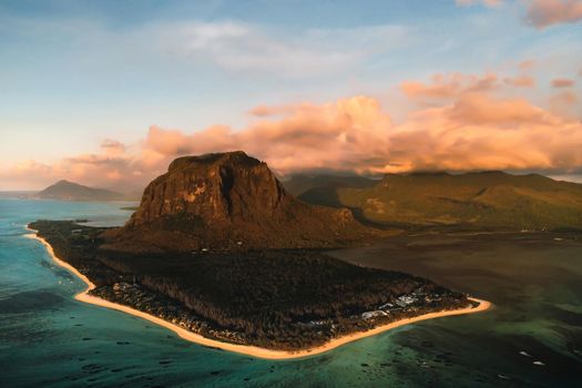 Amazing view of Le Morne Brabant at sunset. Mauritius island.