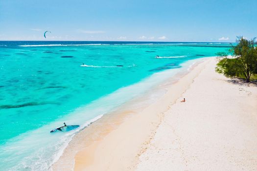 With bird's eye views of the beach and the ocean near the mountain Le Morne Brabant.Coral reef of the island of Mauritius.
