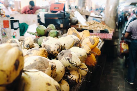 Yellow coconuts are sold in the market of the island of Mauritius. Sale of vegetarian fruits in the open air. Many coconuts on the market.