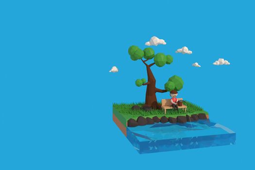 3D illustrator a man fishing under a tree. 3d rendering Low Polygon Geometry. Lowpoly Minimal Style Art.