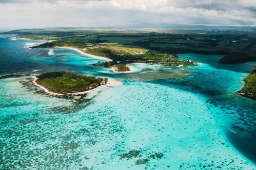 Aerial photography of the East coast of the island of Mauritius. Beautiful lagoon of the island of Mauritius, taken from above.Indian ocean coral reef.