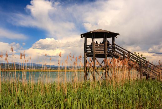 GRADO, ITALY - APRIL, 25: Birdwatching tower in the Nature reserve of the Isonzo river mouth on April 25, 2016
