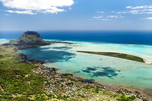 Bird's eye view of Mount Le Morne Brabant on the island of Mauritius.
