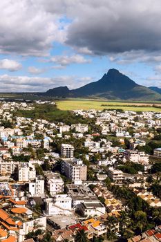 Panoramic view from above of the town and mountains on the island of Mauritius, Mauritius Island.