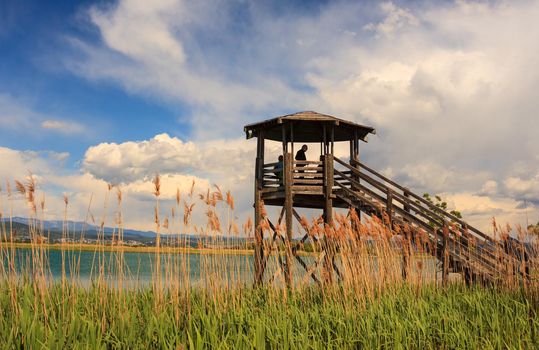 GRADO, ITALY - APRIL, 25: Birdwatching tower in the Nature reserve of the Isonzo river mouth on April 25, 2016