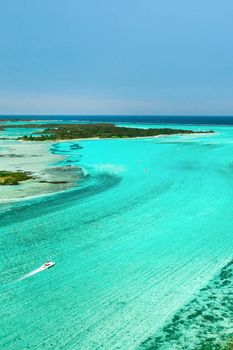 Top view of the lagoon and coral reef of Mauritius in the Indian Ocean.