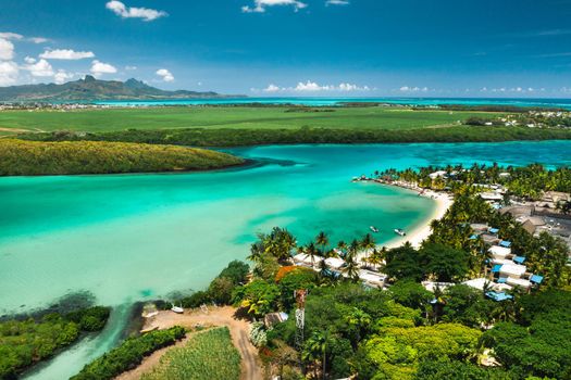 View from the height of the east coast of the island of Mauritius in the Indian Ocean. Beautiful lagoon of the island of Mauritius