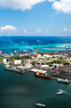 Aerial view of the port on the waterfront of PORT LOUIS, Mauritius, Africa.