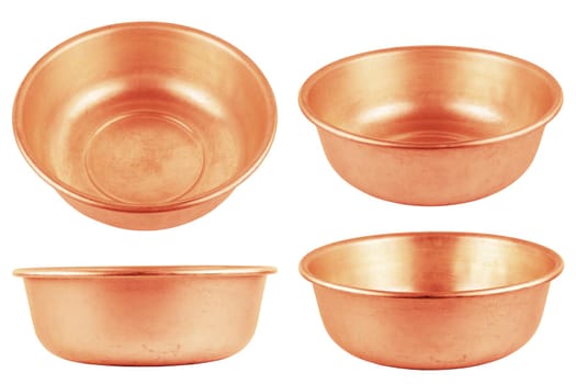 set of different views of used bare uncoated copper made empty basin isolated on white background