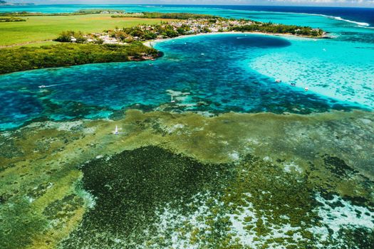 Aerial photography of the East coast of the island of Mauritius. Beautiful lagoon of the island of Mauritius, taken from above.Indian ocean coral reef.