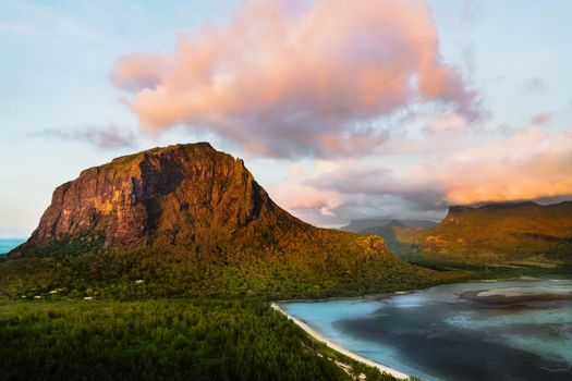 Amazing view of Le Morne Brabant at sunset. Mauritius island.