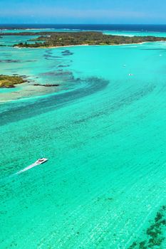 Aerial photography of the East coast of the island of Mauritius. Beautiful lagoon of the island of Mauritius.