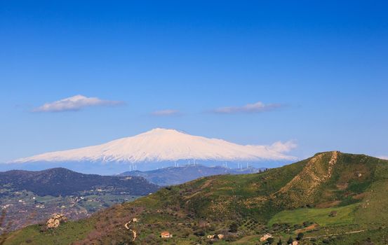 View of Etna volcano and Sicily field