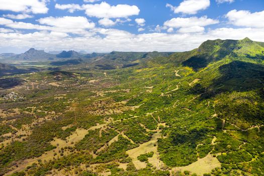 Bird's-eye view of the mountains and fields of the island of Mauritius.Landscapes Of Mauritius