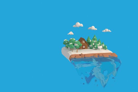 3D illustrator The house in winter. 3d rendering Low Polygon Geometry. Lowpoly Minimal Style Art.
