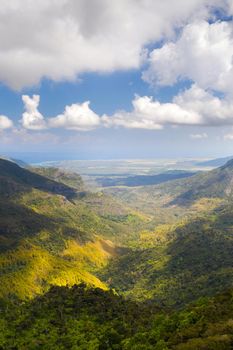 Bird's-eye view of the mountains and fields of the island of Mauritius.Landscapes Of Mauritius