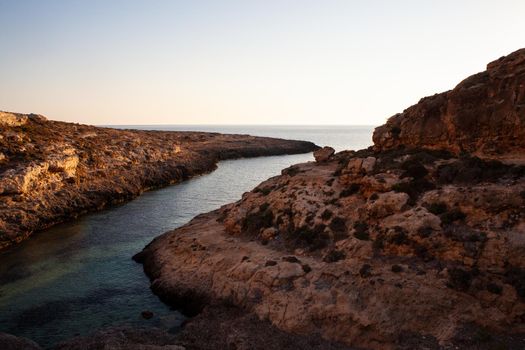 View of Cala Stretta at sunset in the summer season, Sicily