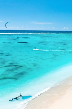 Aerial view of Le Morne beach in the Indian Ocean on the island of Mauritius.