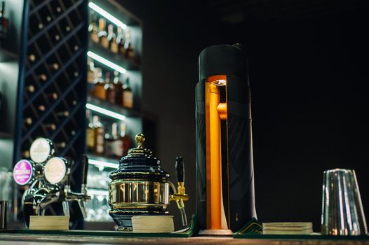 Bar counter with draught beer in a beer restaurant.