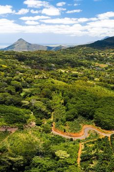 Bird's-eye view of the mountains and fields of the island of Mauritius.Landscapes Of Mauritius