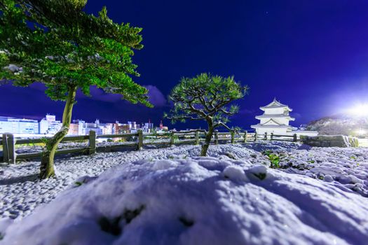Snow covered landscape with Japanese castle and modern city at night. High quality photo