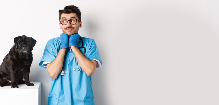 Image of handsome male doctor veterinarian looking at cute black pug dog sitting on table, admiring puppy cuteness, standing over white background.