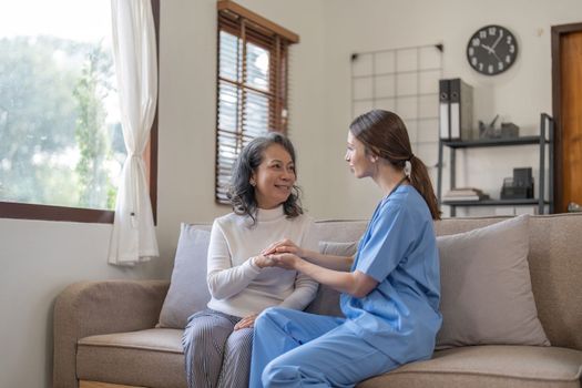 Nurse, hands and senior patient in empathy, safety and support of help, trust and healthcare consulting. Nursing home, counseling and gratitude for medical caregiver, client and hope in consultation.