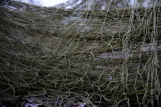 Nets for catching wild animals in the forest. Trapping game animals. Unraveling trapping nets.